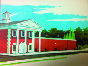 An illustration of a red building with white columns overlooking a street. 