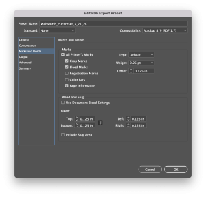 A screenshot of the PDF export preset on InDesign. 