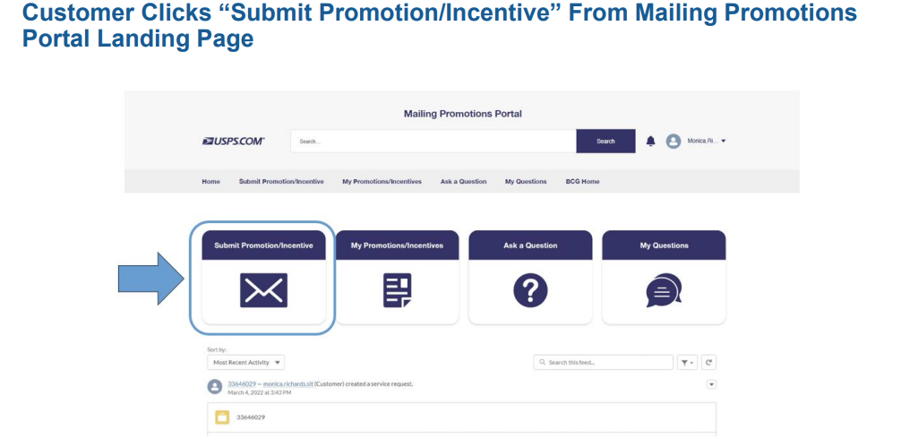 A screenshot of the process for initiating a mail growth discount with USPS