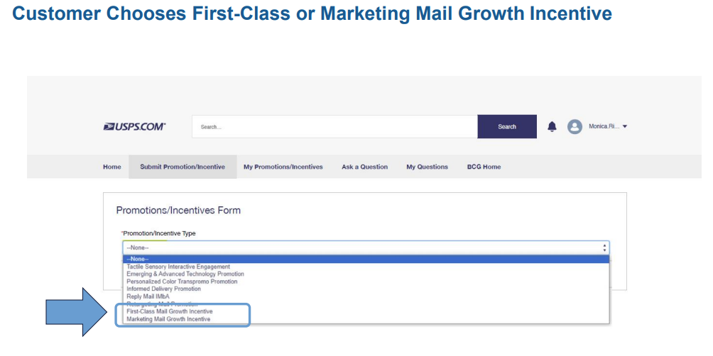 A screenshot of the process for initiating a mail growth discount with USPS