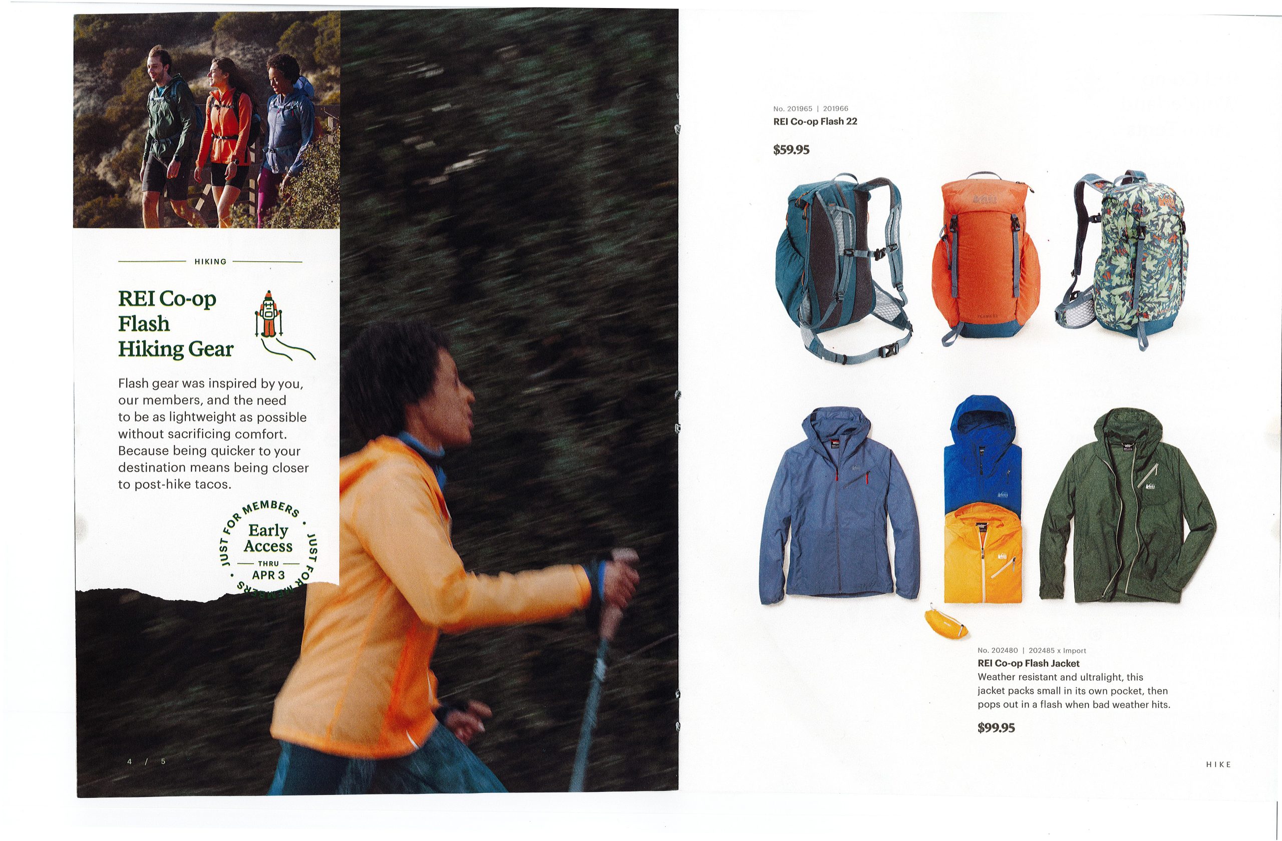 A catalog entry for REI Co-Op Flash Hiking Gear. It shows numerous products and their prices.
