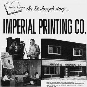 A black-and-white ad for the Imperial Printing Company. It shows a college of the old press and people working.