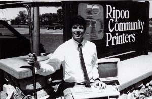 A black and white photo of Andy Luke in 1985