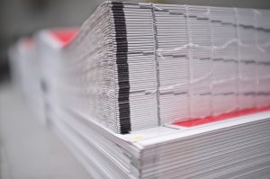 Close up of stitched paperback binding