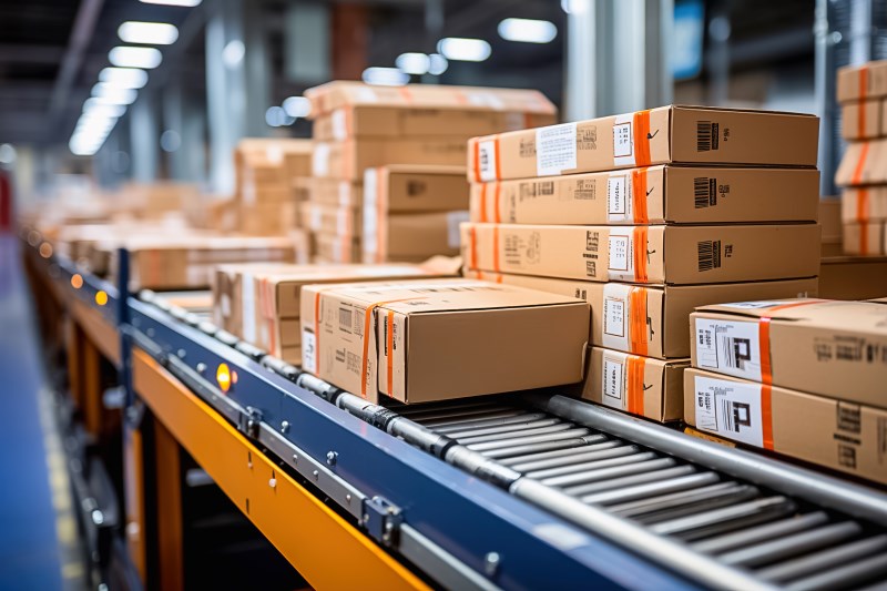 Many cardboard boxes travel along a conveyor belt in a mailing facility