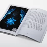 A magazine spread with a flower graphic and text