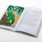 A magazine spread with a chameleon and text