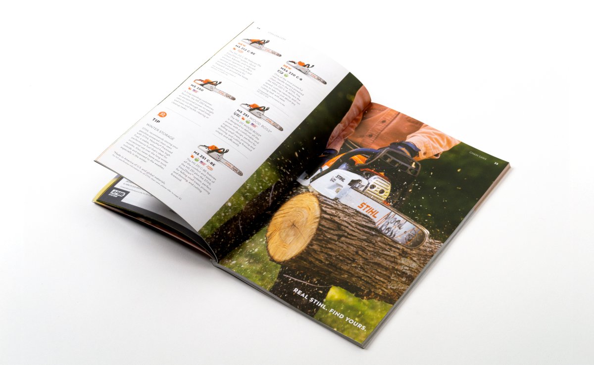 An open spread of a Stihl catalog