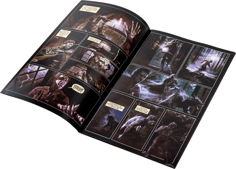 An book opened to a page of a fantasy type book.