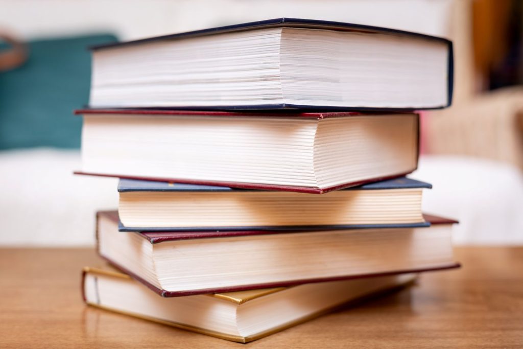 A stack of casebound books