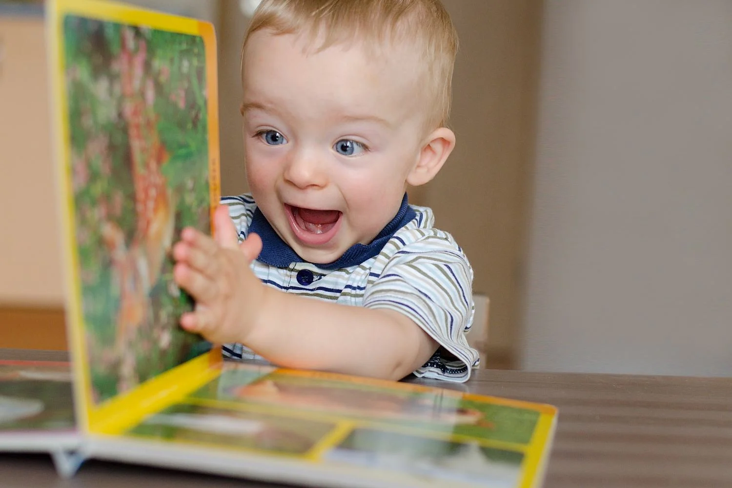 A happy child opening a book